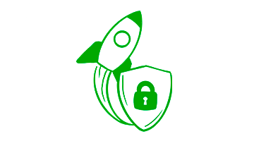 Eine Rakete fliegt aus einem Schild hervor, auf dem ein Schloss abgebildet ist. Alle Elemente sind grüne, gezeichnete Outlines.