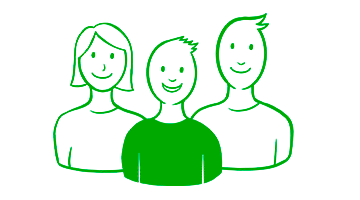 Eine Frau und ein Mann sind zu sehen, in der Mitte von ihnen eine jüngere Person mit grünem Shirt, alle lächeln. Alle Elemente sind gezeichnete, grüne Outlines.