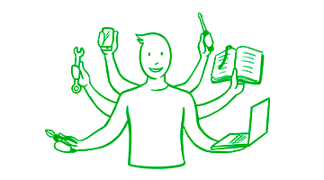 Eine Person mit sechs Armen ist zu sehen. In jeweils einer Hand hält sie ein Handy, einen Schraubenzieher, ein aufgeklapptes Buch, ein Laptop, einen Schraubenschlüssel und eine Zange. Alle Elemente sind gezeichnete, grüne Outlines.